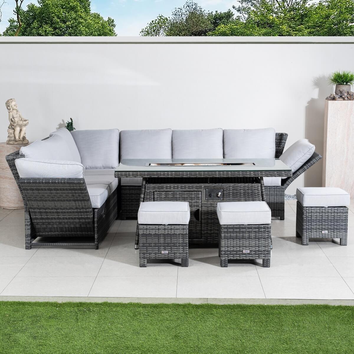 8-9 Seater Outdoor Fire Pit Set - Garden Corner Sofa with Rectangular Fire Pit Table, Footstools & Adjustable Armrests