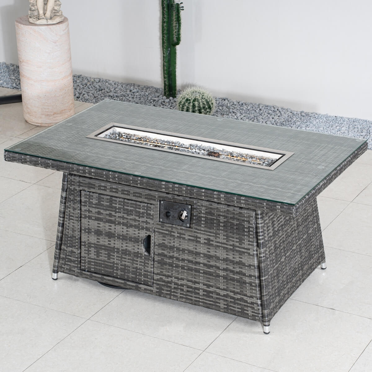 6-Seater Outdoor Rattan Fire Pit Table - Rectangular Garden Fire Pit with Tempered Glass Top & Glass Wind Guard