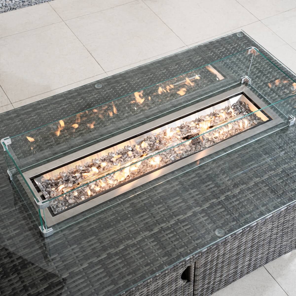 6-Seater Outdoor Rattan Fire Pit Table - Rectangular Garden Fire Pit with Tempered Glass Top & Glass Wind Guard