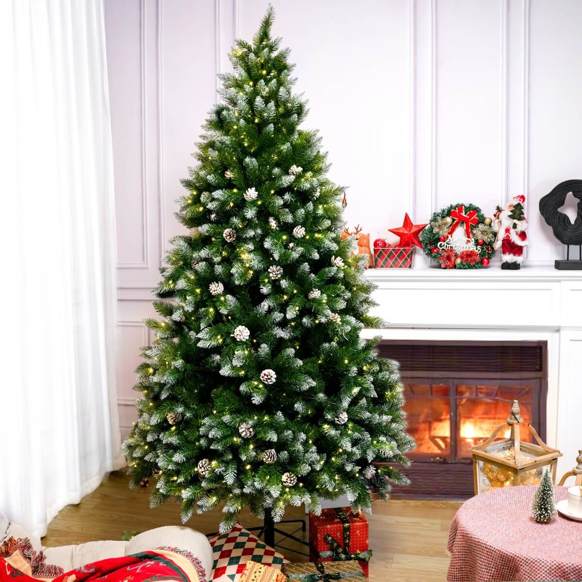 Snow Flocked Artificial Christmas Tree with Pine Cones - Full PVC Xmas Tree with 8-Mode Warm White LED Lights, 6ft/7ft