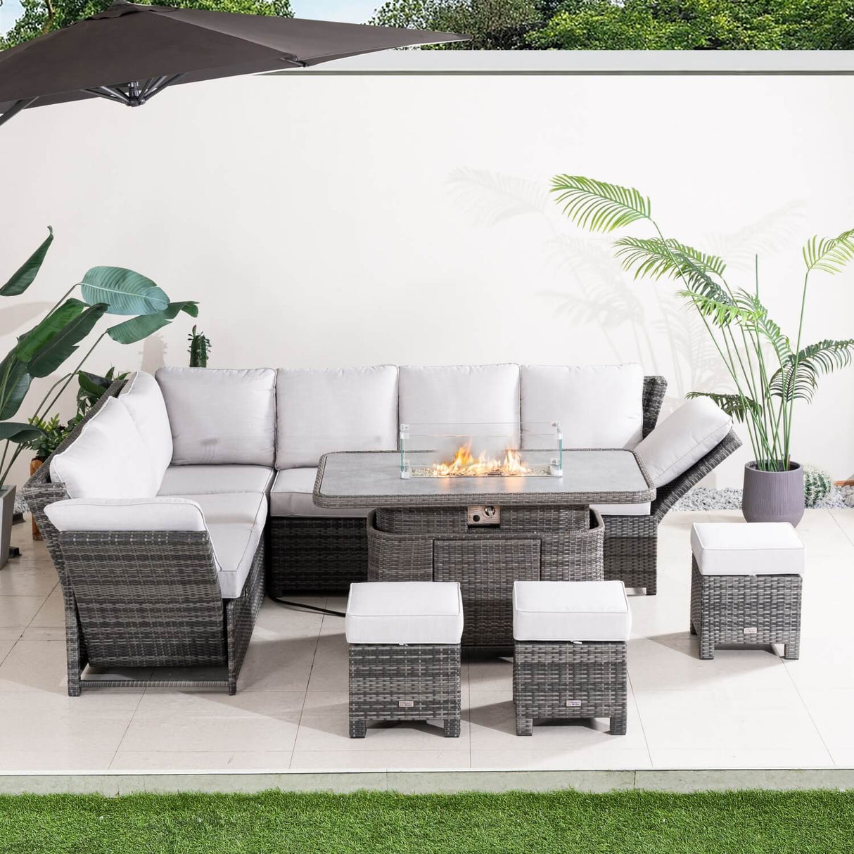 9-Seater Aluminium Fire Pit Sofa Set — Lift-Top Table with Adjustable Armrests