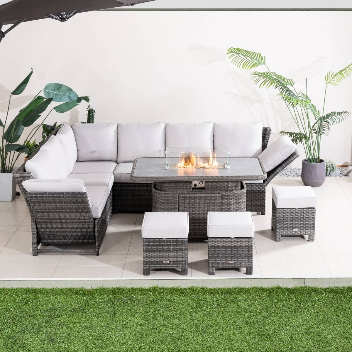 9-Seater Aluminium Fire Pit Sofa Set — Lift-Top Table with Adjustable Armrests