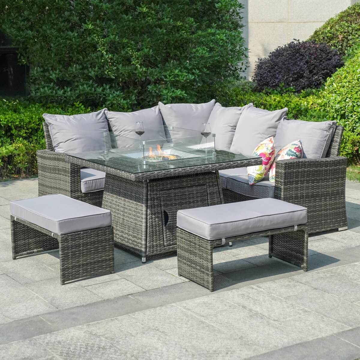 8-Seater Outdoor Corner Sofa Set with Square Fire Pit Table and 2 Benches - PAF-16700