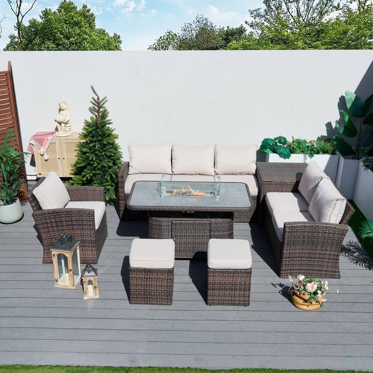 8 Seater Outdoor Rattan Sofa Set – Garden Lounge with Height Adjustable Fire Pit Table and Side Table with Built-In Storage