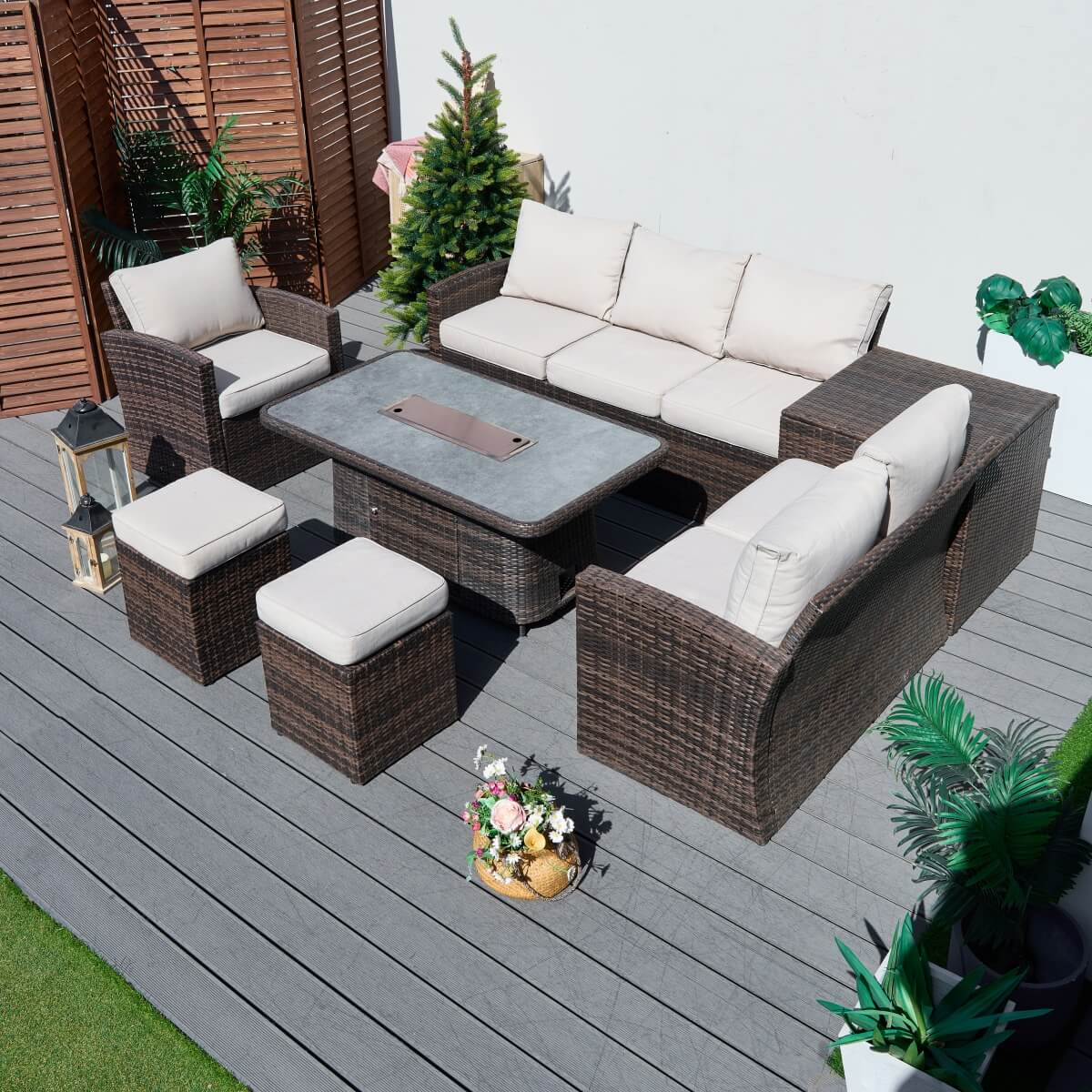 8 Seater Outdoor Rattan Sofa Set – Garden Lounge with Height Adjustable Fire Pit Table and Side Table with Built-In Storage