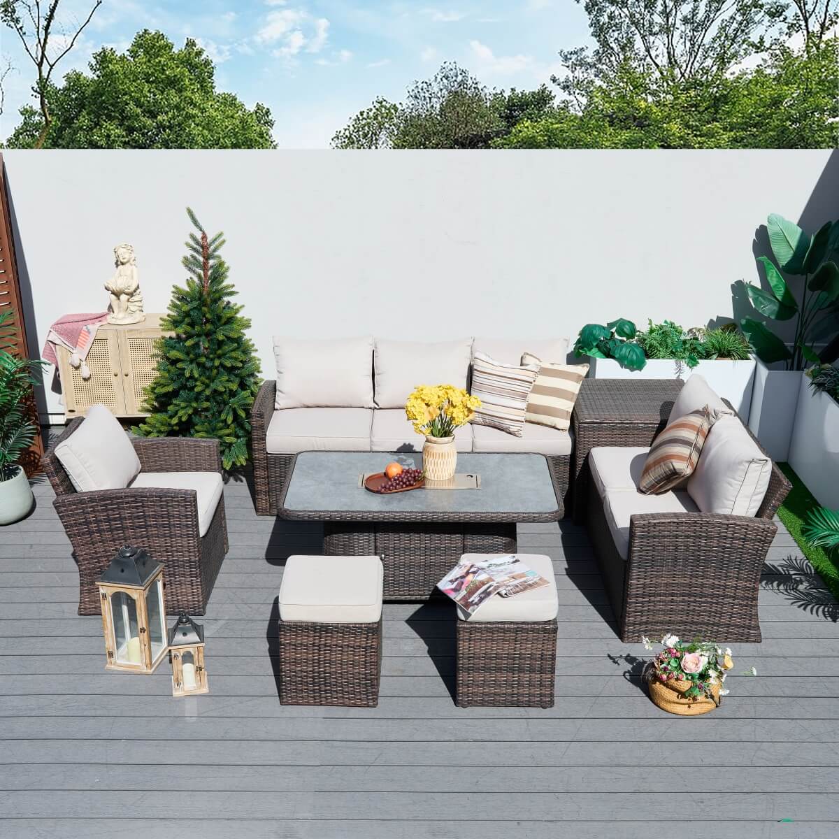 8 Seater Outdoor Rattan Sofa Set – Garden Lounge with Height Adjustable Fire Pit Table and Side Table with Built-In Storage