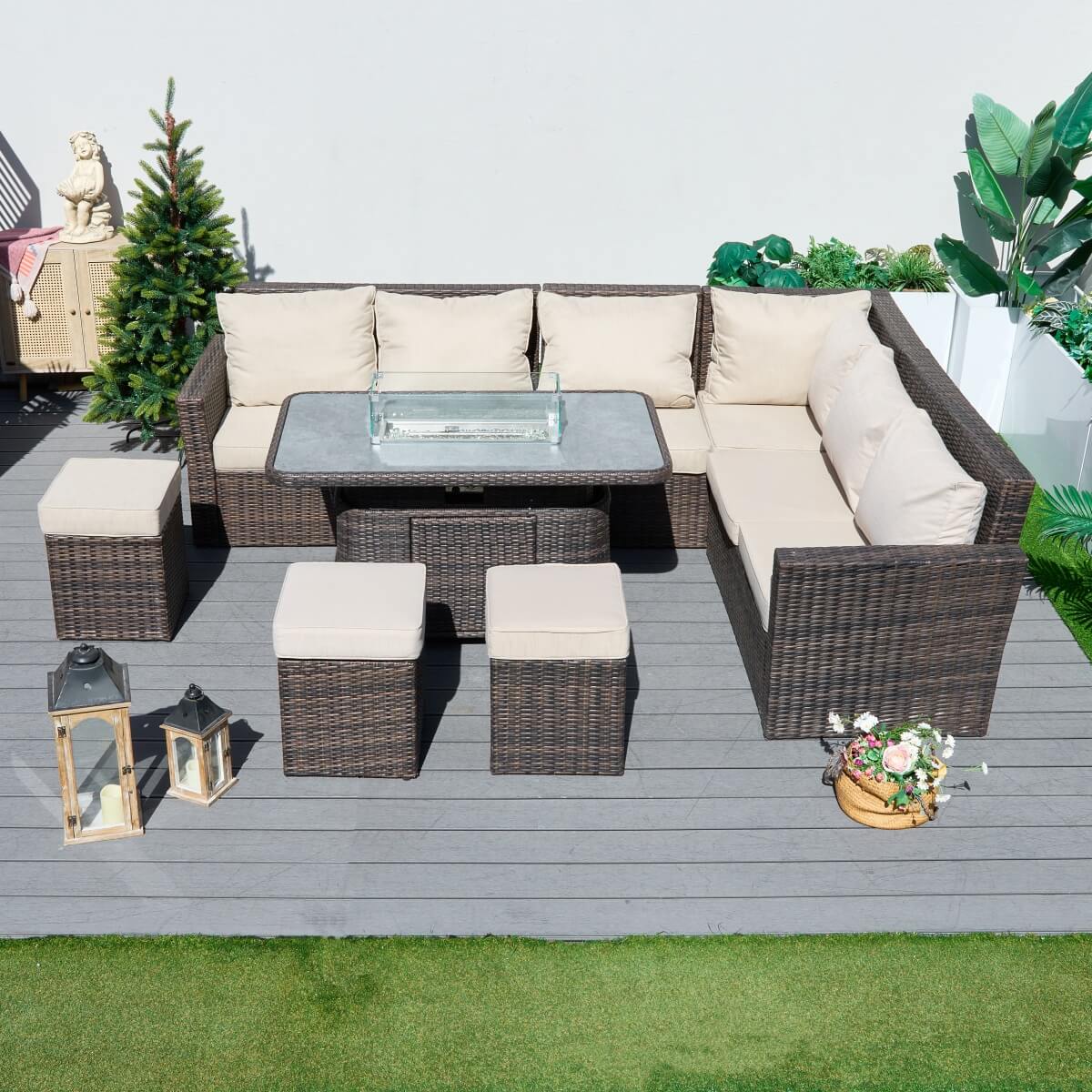 9-Seater Outdoor Corner Sofa Set with Lift-Top Fire Pit Table