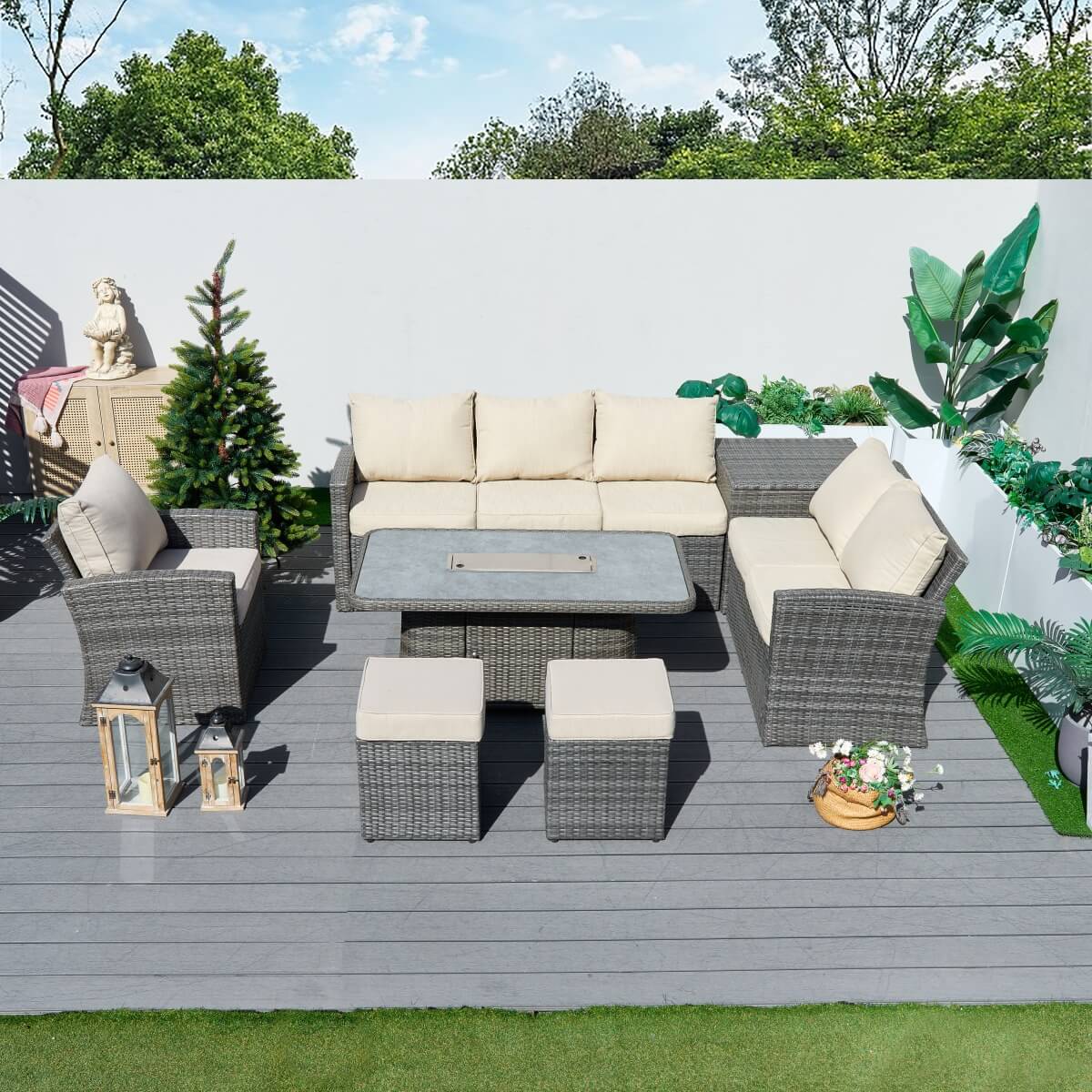 8 Seater Outdoor Rattan Sofa Set – Garden Lounge with Height Adjustable Fire Pit Table and Side Table with Built-In Storage