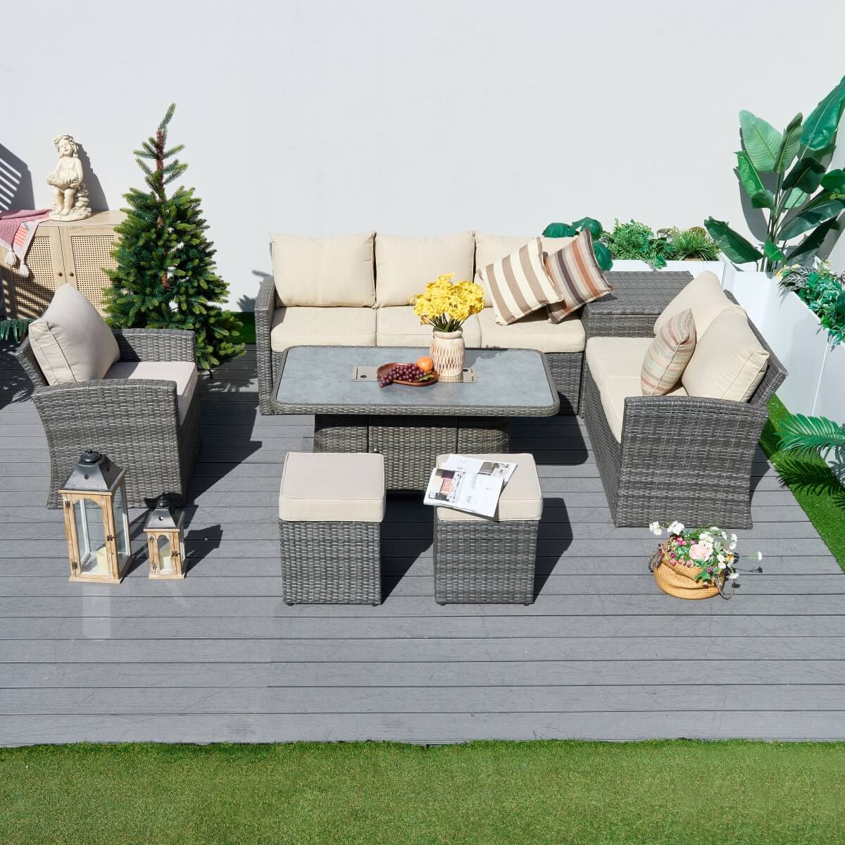 8 Seater Outdoor Rattan Sofa Set – Garden Lounge with Height Adjustable Fire Pit Table and Side Table with Built-In Storage