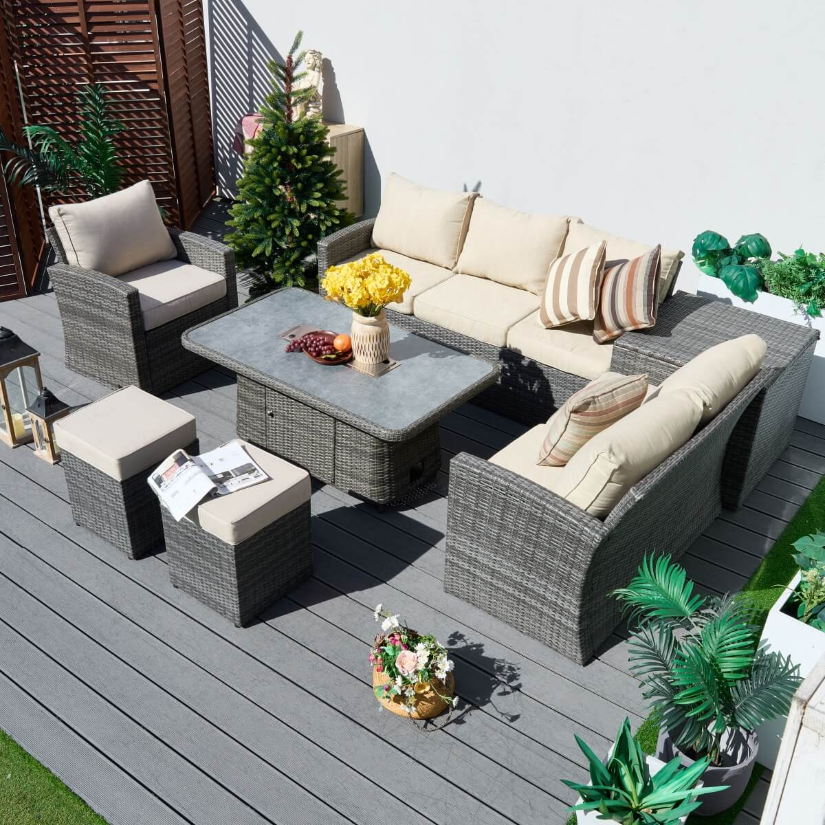 8 Seater Outdoor Rattan Sofa Set – Garden Lounge with Height Adjustable Fire Pit Table and Side Table with Built-In Storage