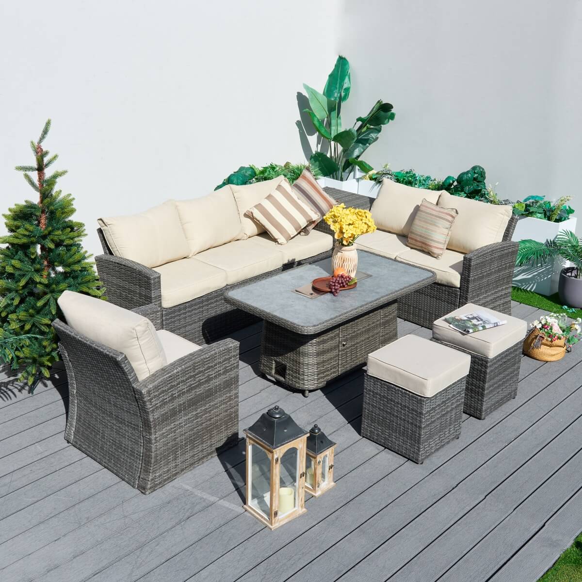 8 Seater Outdoor Rattan Sofa Set – Garden Lounge with Height Adjustable Fire Pit Table and Side Table with Built-In Storage