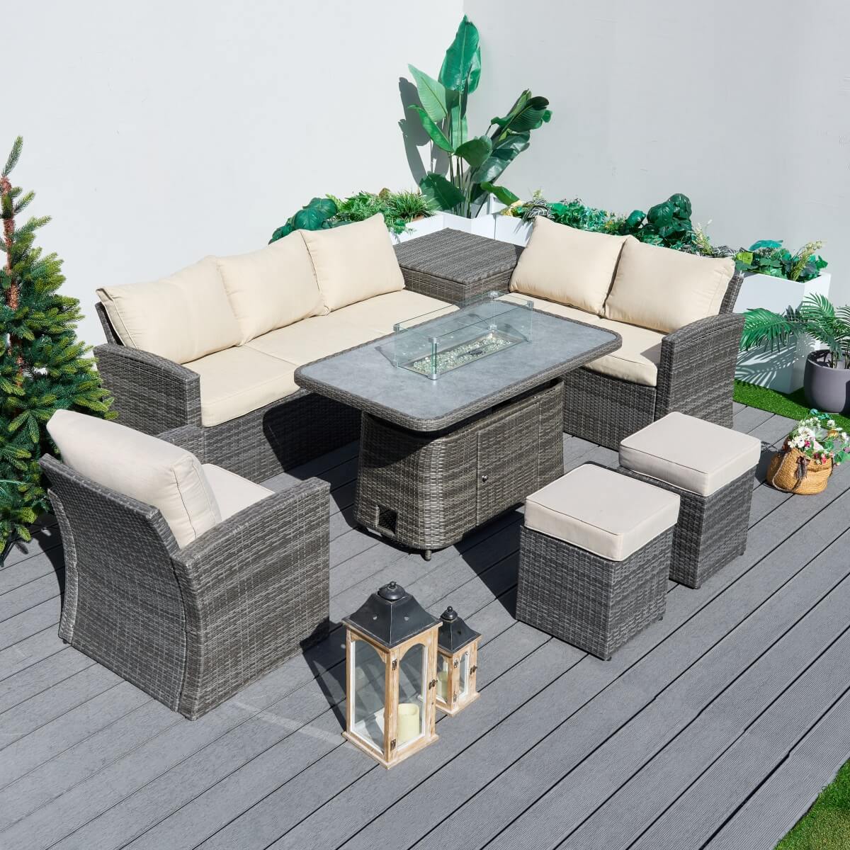 8 Seater Outdoor Rattan Sofa Set – Garden Lounge with Height Adjustable Fire Pit Table and Side Table with Built-In Storage