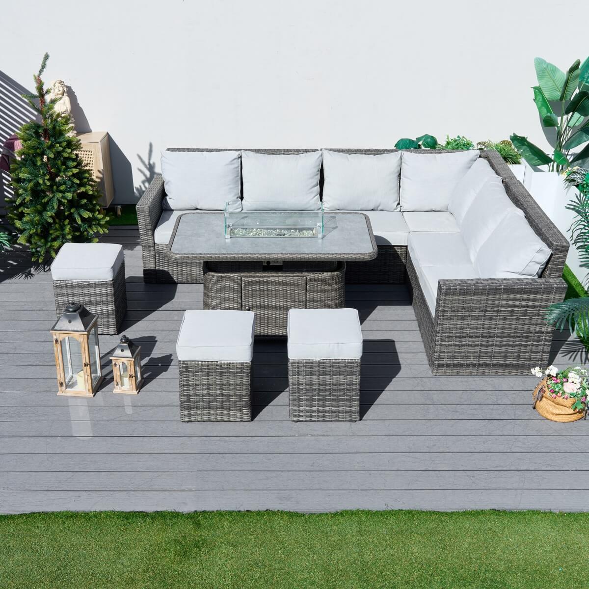 9-Seater Outdoor Corner Sofa Set with Lift-Top Fire Pit Table