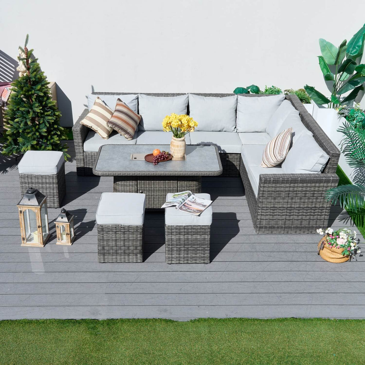9-Seater Outdoor Corner Sofa Set with Lift-Top Fire Pit Table