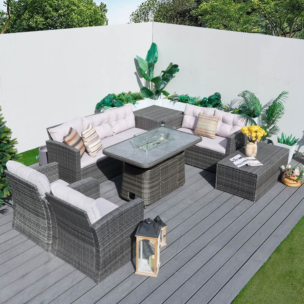 7 Seater Outdoor Rattan Fire Pit Sofa Set – Garden Lounge with Height Adjustable Fire Pit Table and 2 Storage Boxes