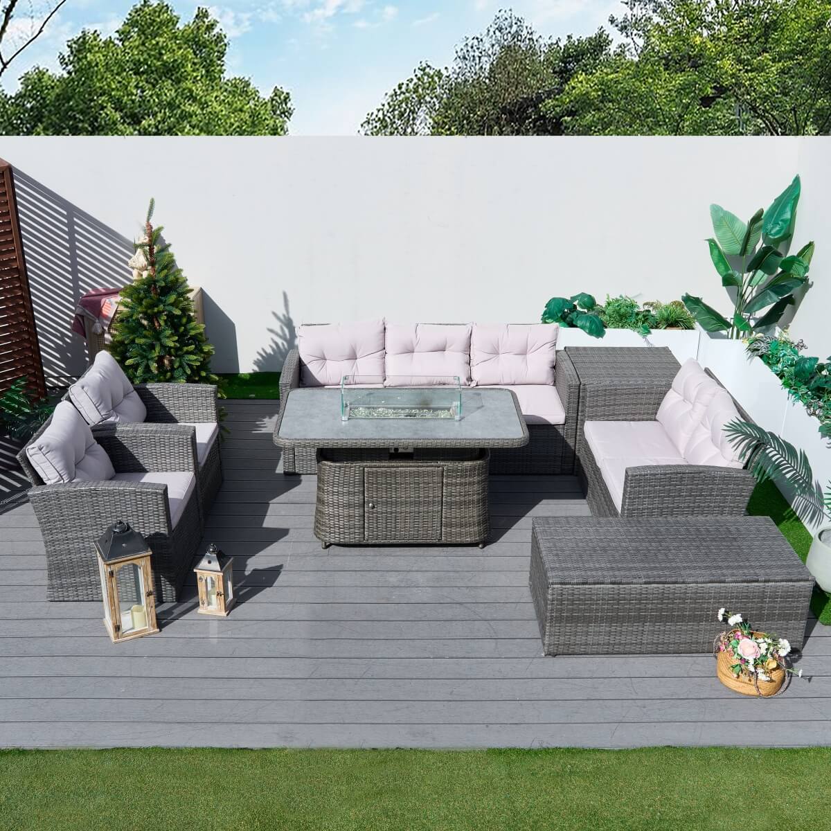 7 Seater Outdoor Rattan Fire Pit Sofa Set – Garden Lounge with Height Adjustable Fire Pit Table and 2 Storage Boxes