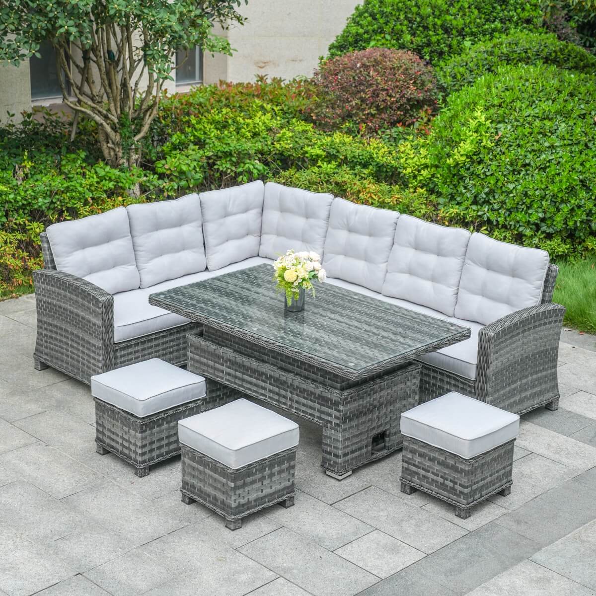 8-Piece PE Rattan Aluminum Corner Conversation Sofa Set with Adjustable Lift Table PAS-16002B-SET