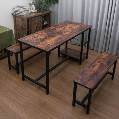 3-Piece Brown Dining Table and Bench Set with Compact Design - PAD-24612D