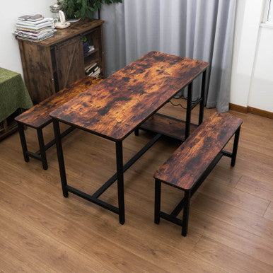 3-Piece Brown Dining Table and Bench Set with Compact Design - PAD-24612D
