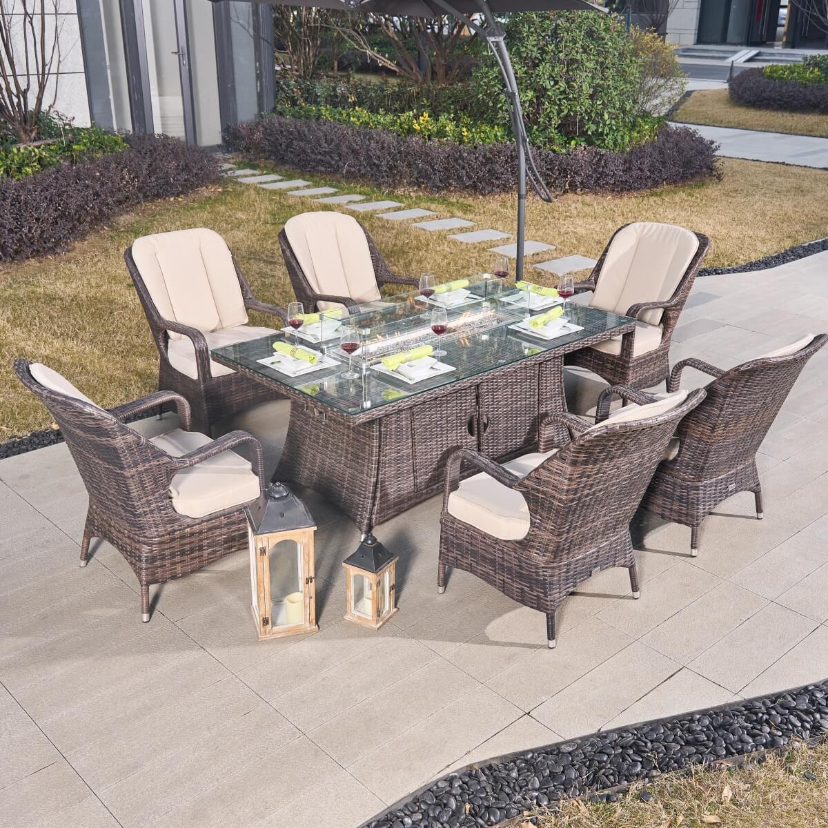 6-Seater Outdoor Fire Pit Dining Set – Rectangle Fire Pit Table for Garden and Patio