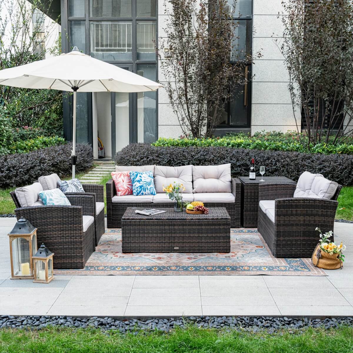 Outdoor patio set with furniture and accessories on a patio