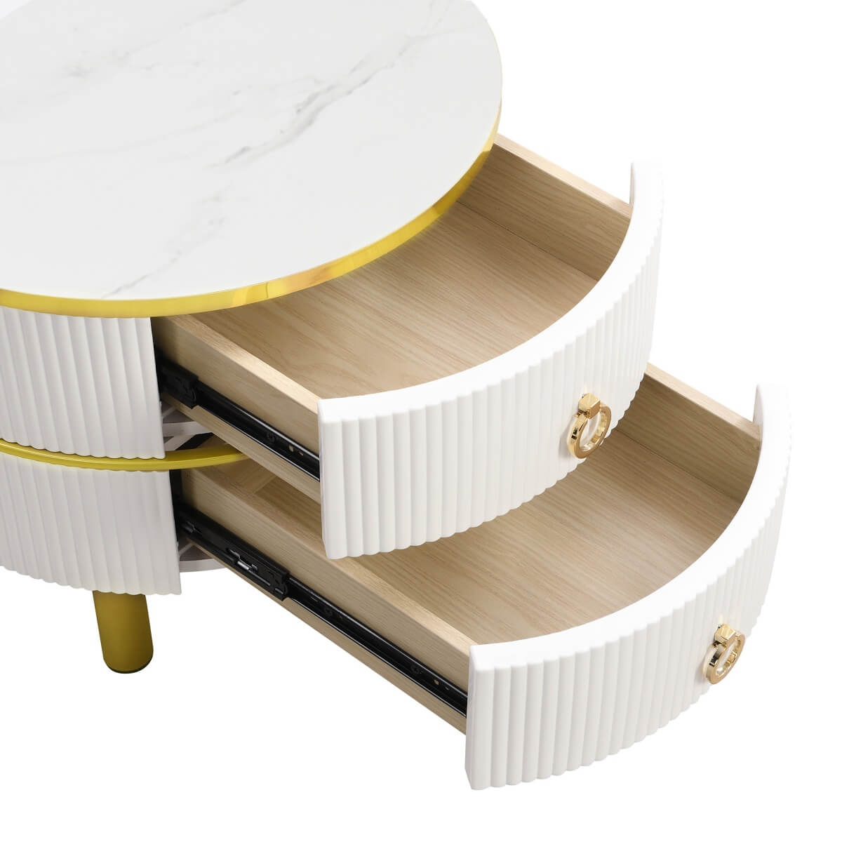2-in-1 Round Coffee Table Set with Side Table - High Gloss MDF Top, Brown Tempered Glass Top and 2 Storage Drawers