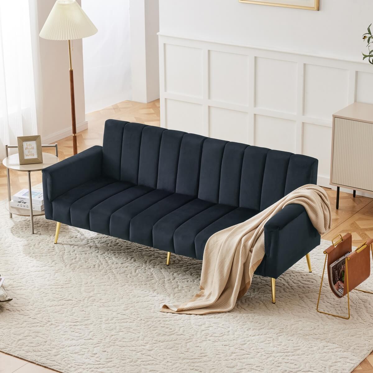 Modern Velvet Sofa Bed - Adjustable Backrest & Armrests, Convertible Sleeper with Metal Legs for Living Room & Guest Room, Black