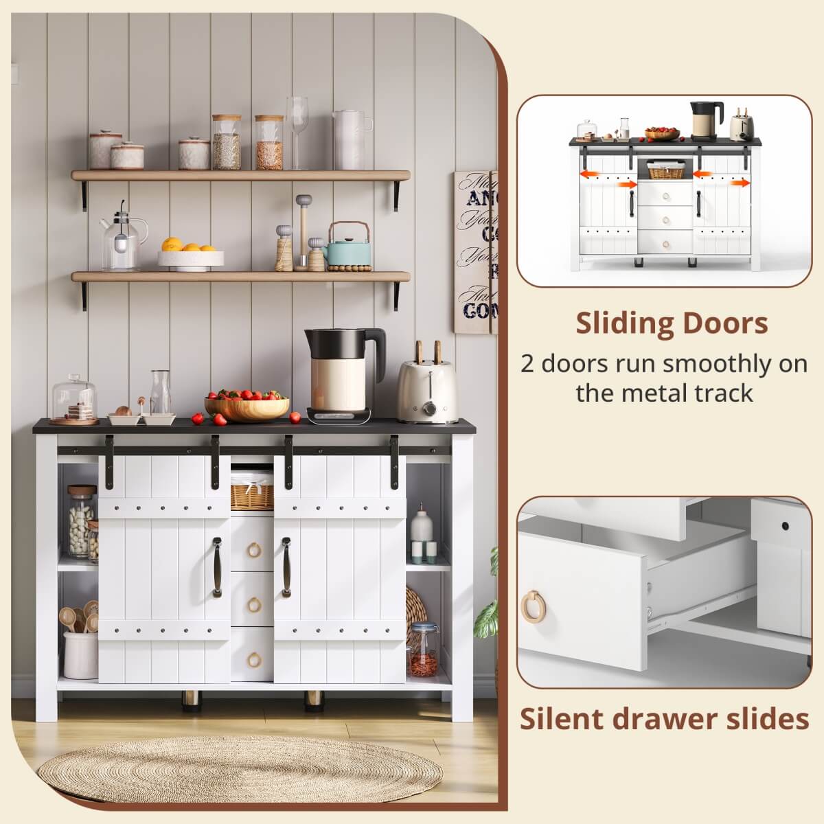 Rustic Wood Sideboard with Storage - 120cm Cabinet with Sliding Doors & 3 Drawers