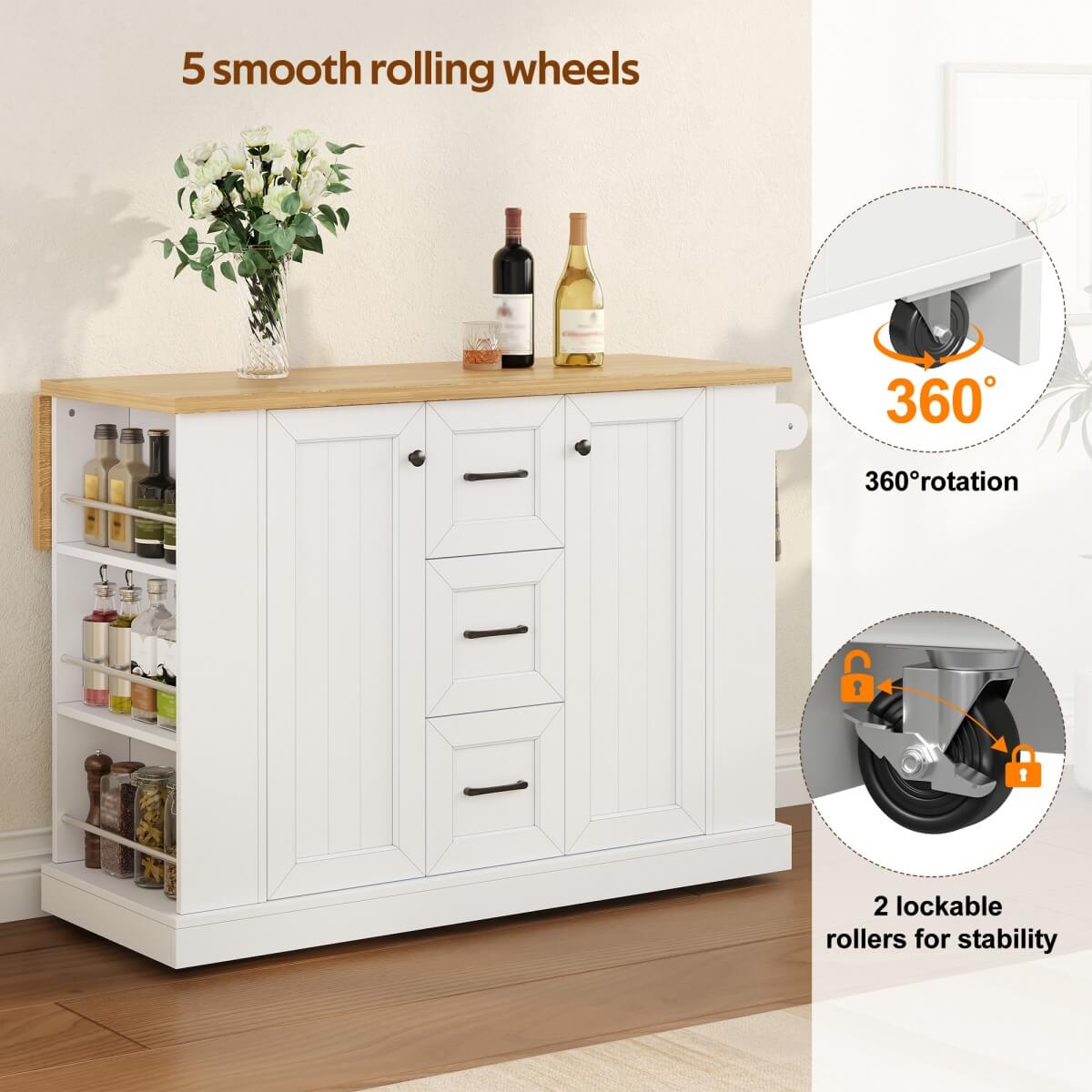 Kitchen Island Trolley with Foldable Worktop - Kitchen Cart on Wheels with Double-Sided 3-Tier Storage Shelves, 3 Drawers and Lockable Castors
