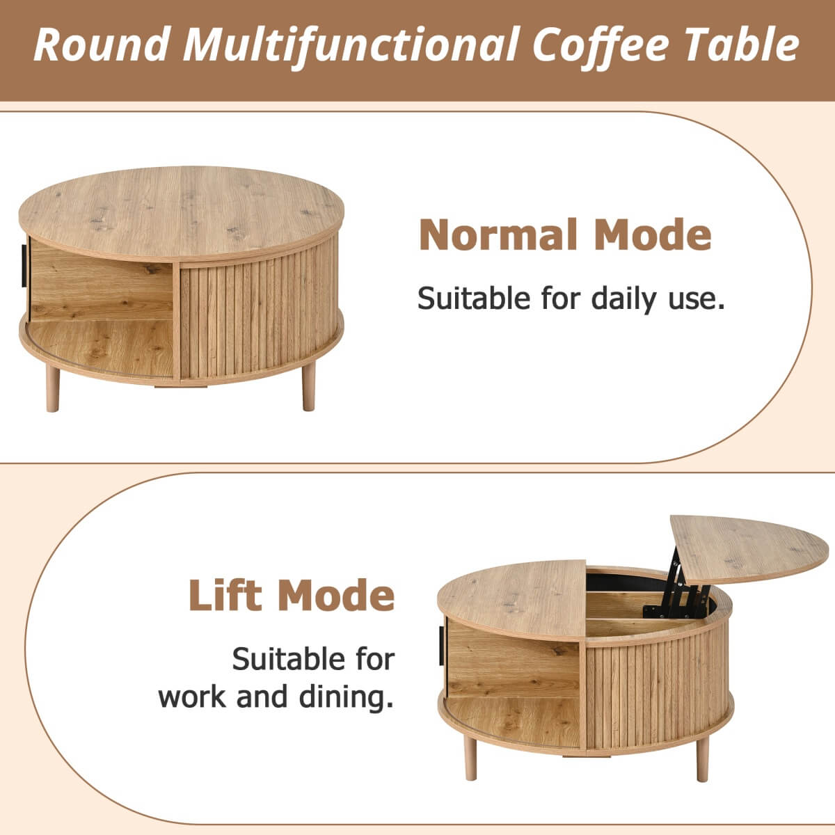 Round Lift Top Coffee Table with Vertical Slat Design - MDF Living Room Table with Hidden Storage and Sliding Door, Oak