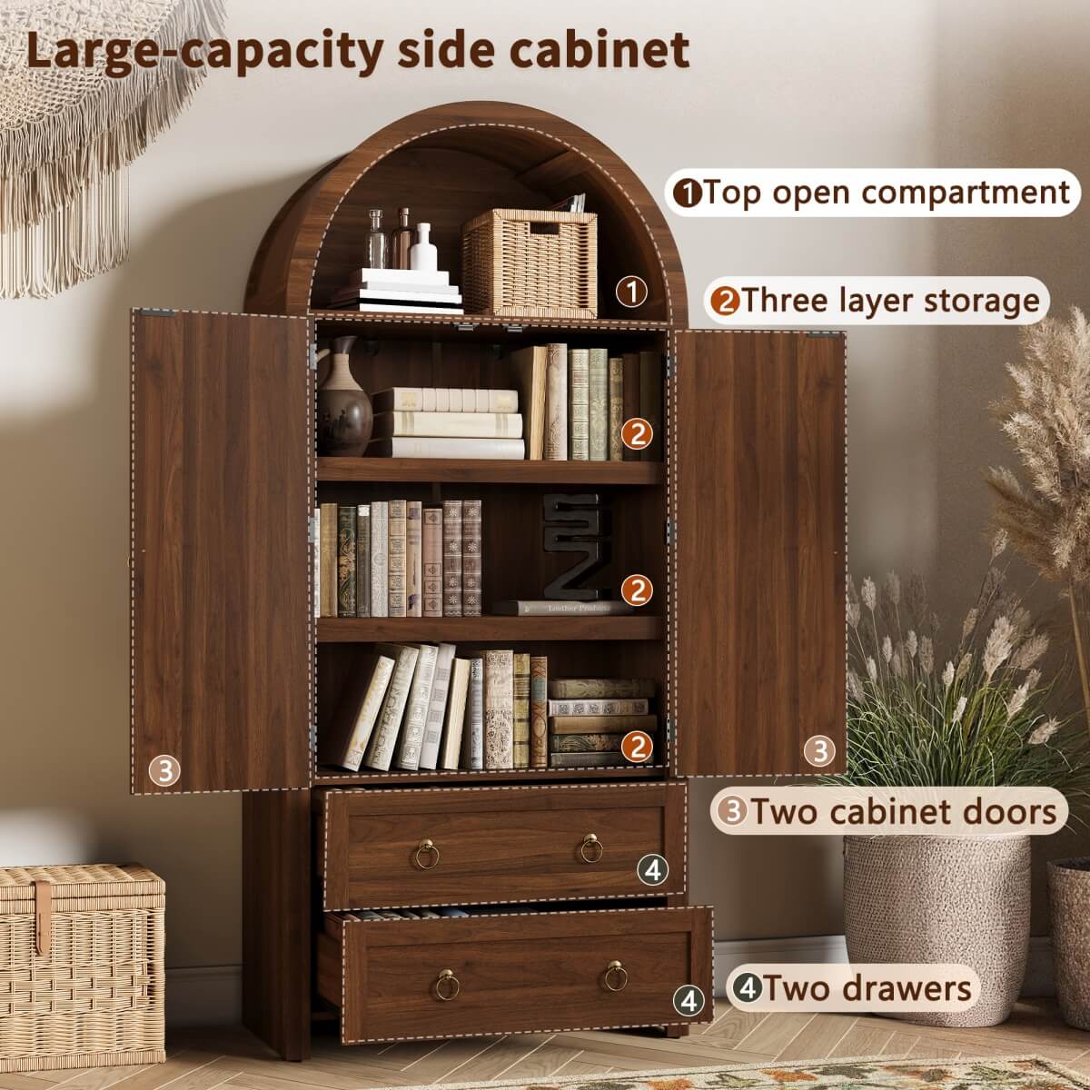 Rattan Effect Sideboard with 2 Drawers - Vintage Storage Cabinet with Arched Design for Living Room and Bedroom, Walnut