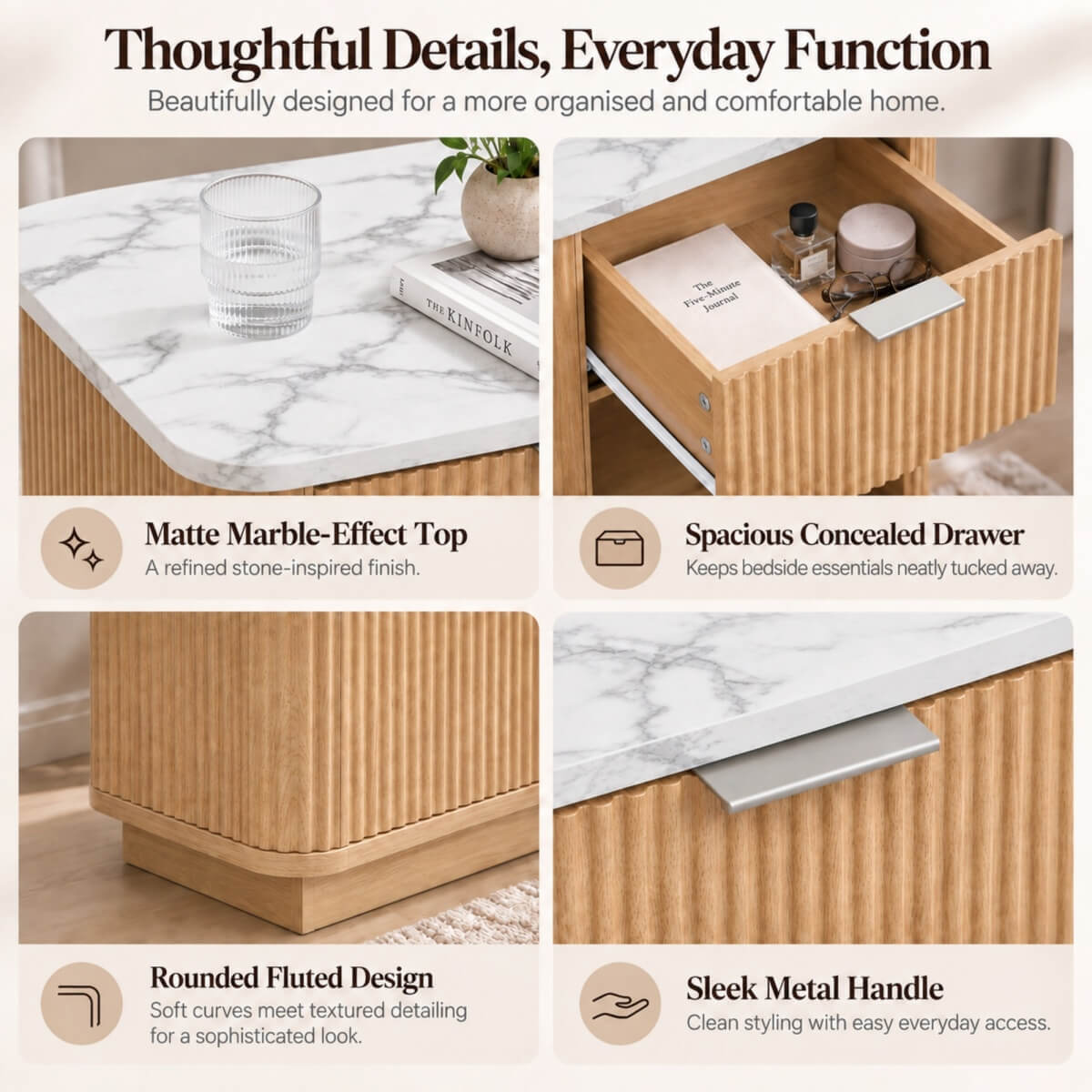 Set of 2 Modern Fluted Bedside Tables - Oak Effect with Marble Effect Tops, Drawer and Open Shelf