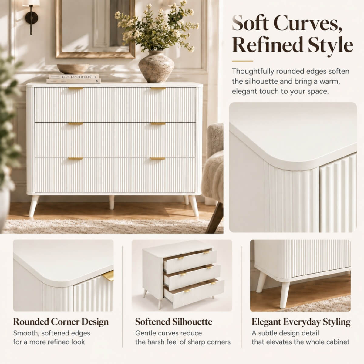 3-Drawer Chest of Drawers - Fluted Bedroom Storage Unit with Rounded Corners, Gold Handles and 4 Solid Wood Legs, Cream White