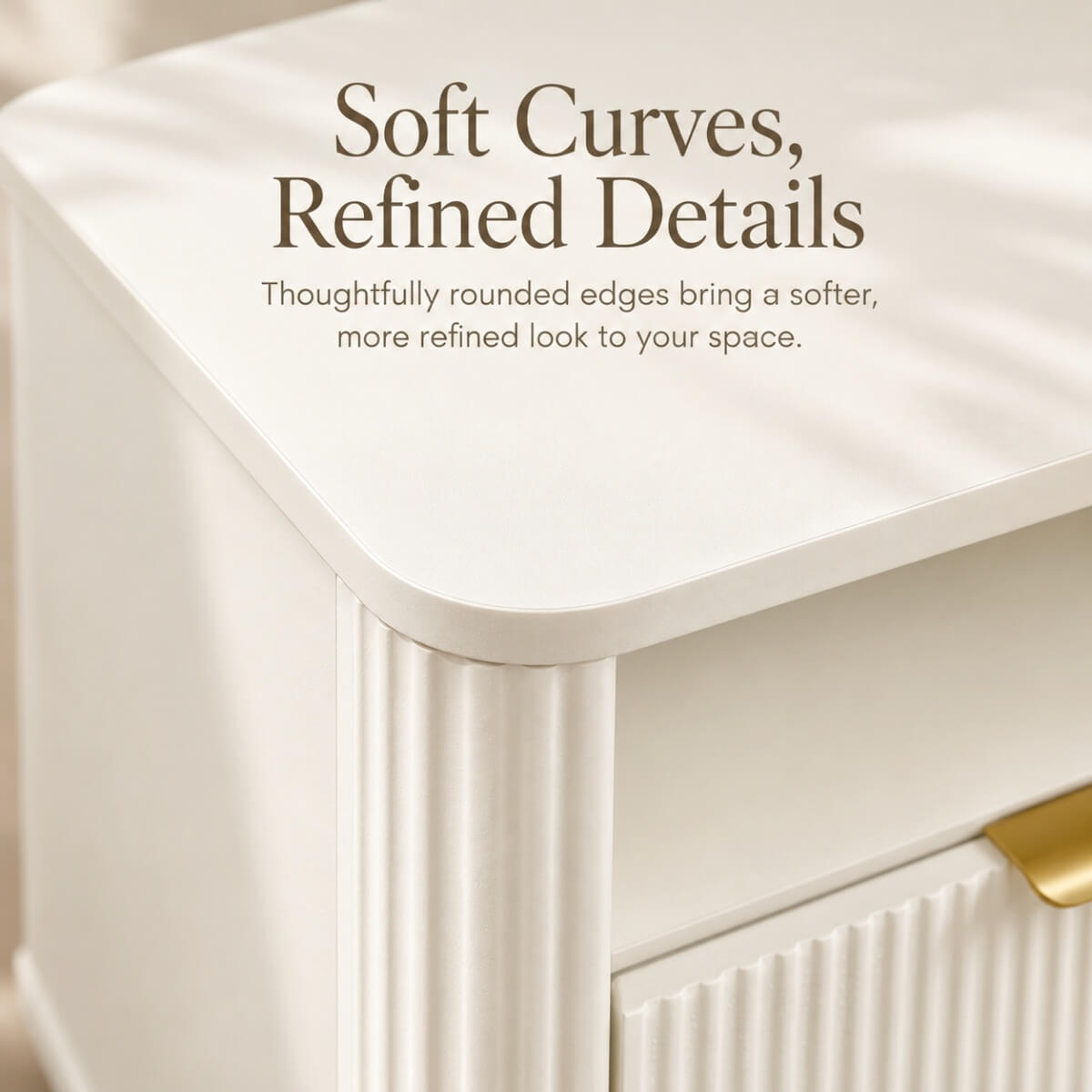 Set of 2 Fluted Bedside Tables - Drawer and Open Shelf, Rounded Corners, Gold Handles and 4-Leg Solid Wood Base, Cream White