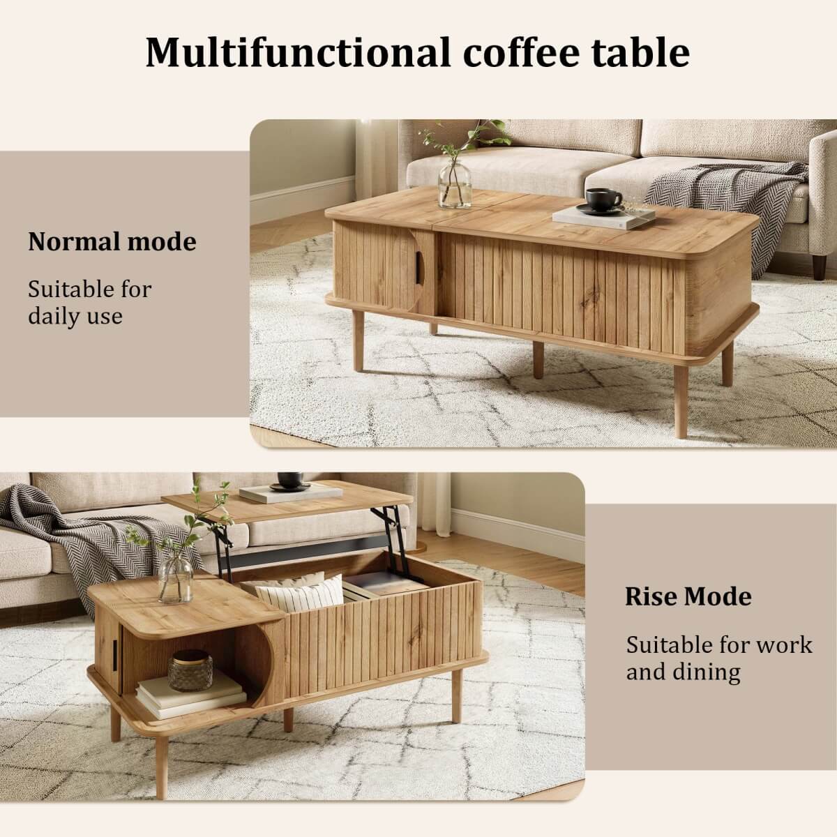 Retro Lift Top Coffee Table with Sliding Door - Wood Effect Finish, Vertical Slat Design and Wooden Legs, Natural