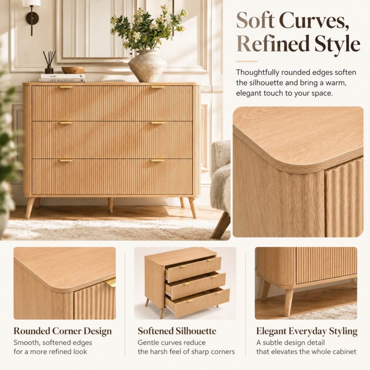 3-Drawer Chest of Drawers - Fluted Bedroom Storage Unit with Rounded Corners, Gold Handles and 4 Solid Wood Legs, Natural Oak Effect