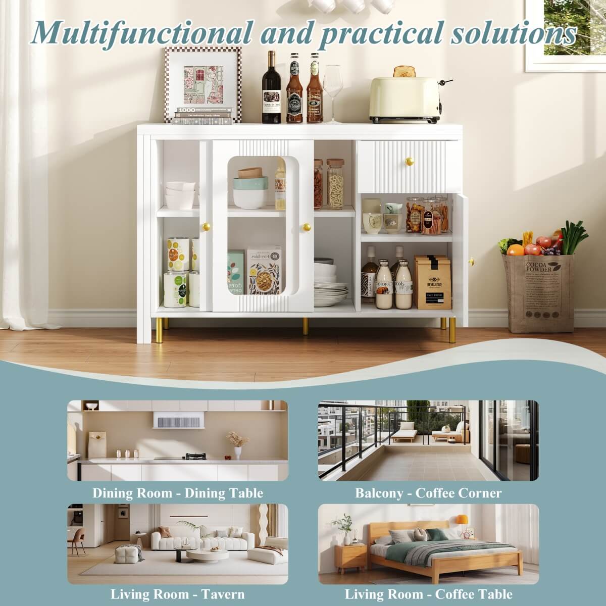 Multifunctional Bar Table – Dining & Storage Cabinet with Rotating Extendable Top and Glass Doors