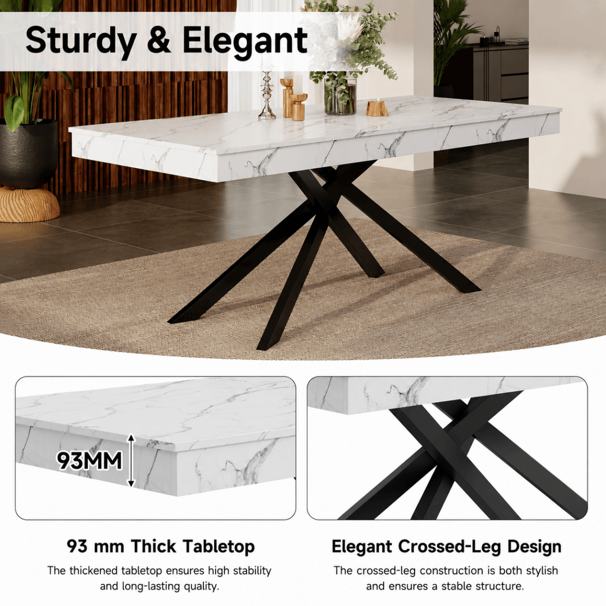 Extendable Dining Table for 6-8 - Modern Table with Marble Effect Tabletop & Metal Cross Legs, Rectangular Kitchen & Dining Room Table, White