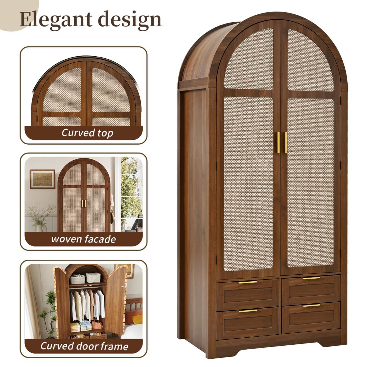 Modern Wardrobe with Curved Doors - Bedroom Storage Cabinet with Hanging Rail and Drawers, Walnut
