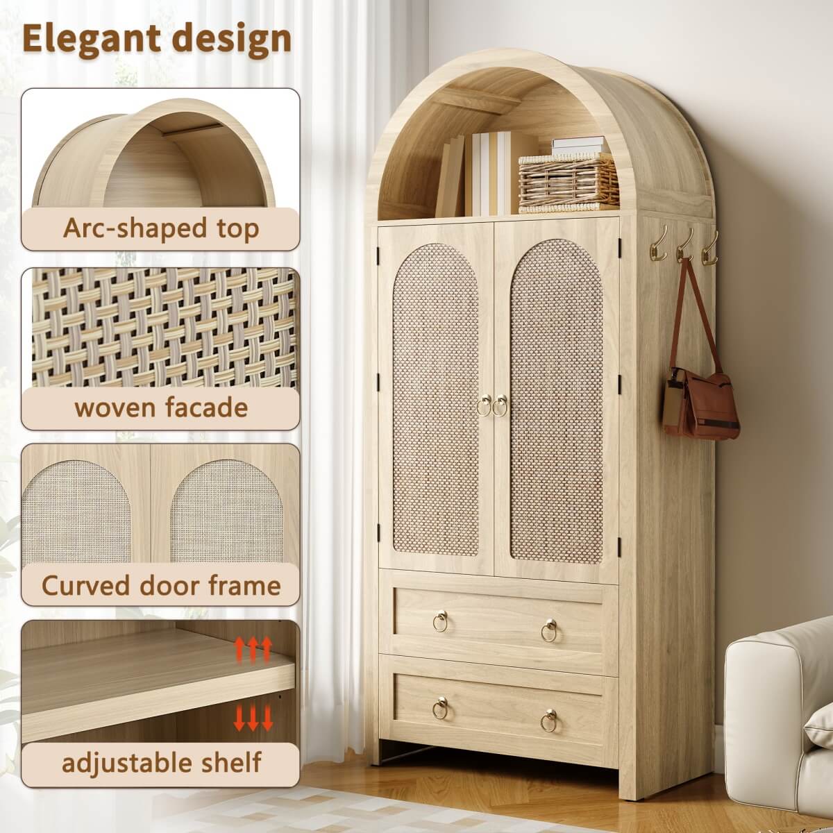Rattan Effect Sideboard with 2 Drawers - Vintage Storage Cabinet with Arched Design for Living Room and Bedroom, Oak