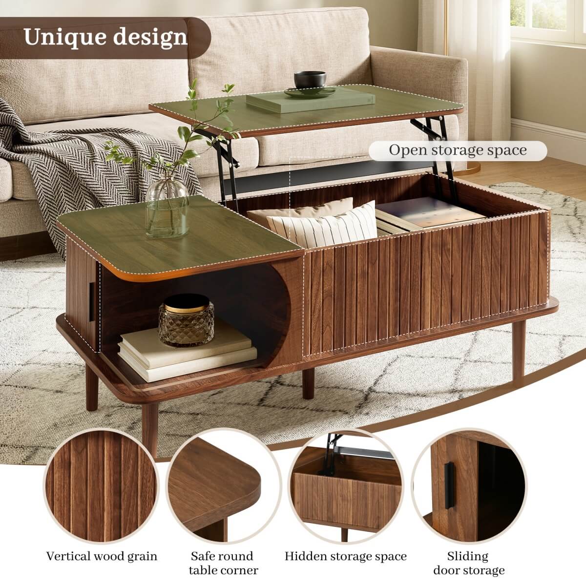 Retro Lift Top Coffee Table with Sliding Door - Walnut Effect Finish, Vertical Slat Design and Wooden Legs, Walnut