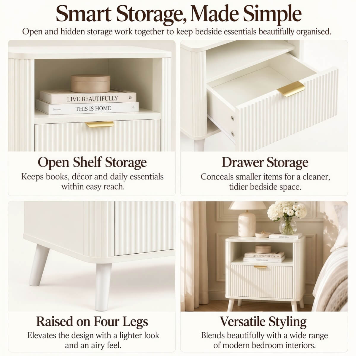 Set of 2 Fluted Bedside Tables - Drawer and Open Shelf, Rounded Corners, Gold Handles and 4-Leg Solid Wood Base, Cream White