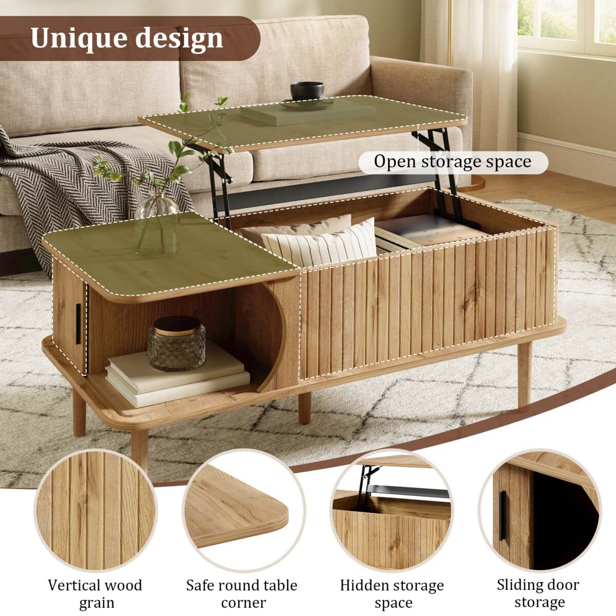 Retro Lift Top Coffee Table with Sliding Door - Wood Effect Finish, Vertical Slat Design and Wooden Legs, Natural