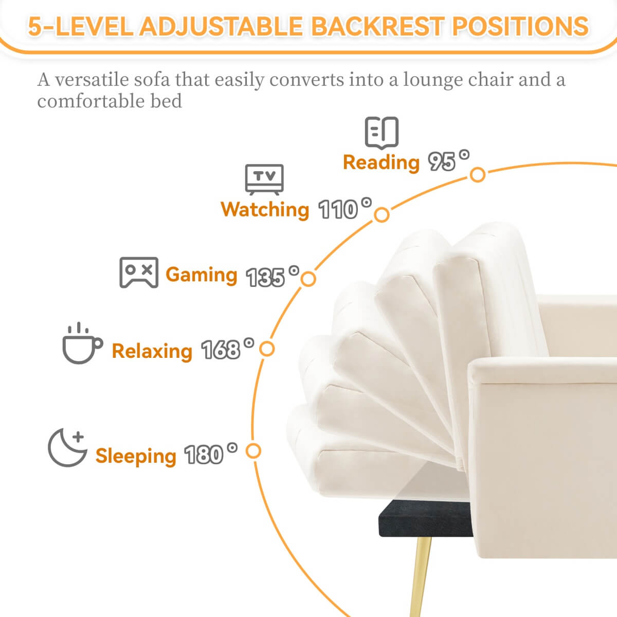 Modern Velvet Sofa Bed - Adjustable Backrest & Armrests, Convertible Sleeper with Metal Legs for Living Room, Bedroom & Guest Room, Beige