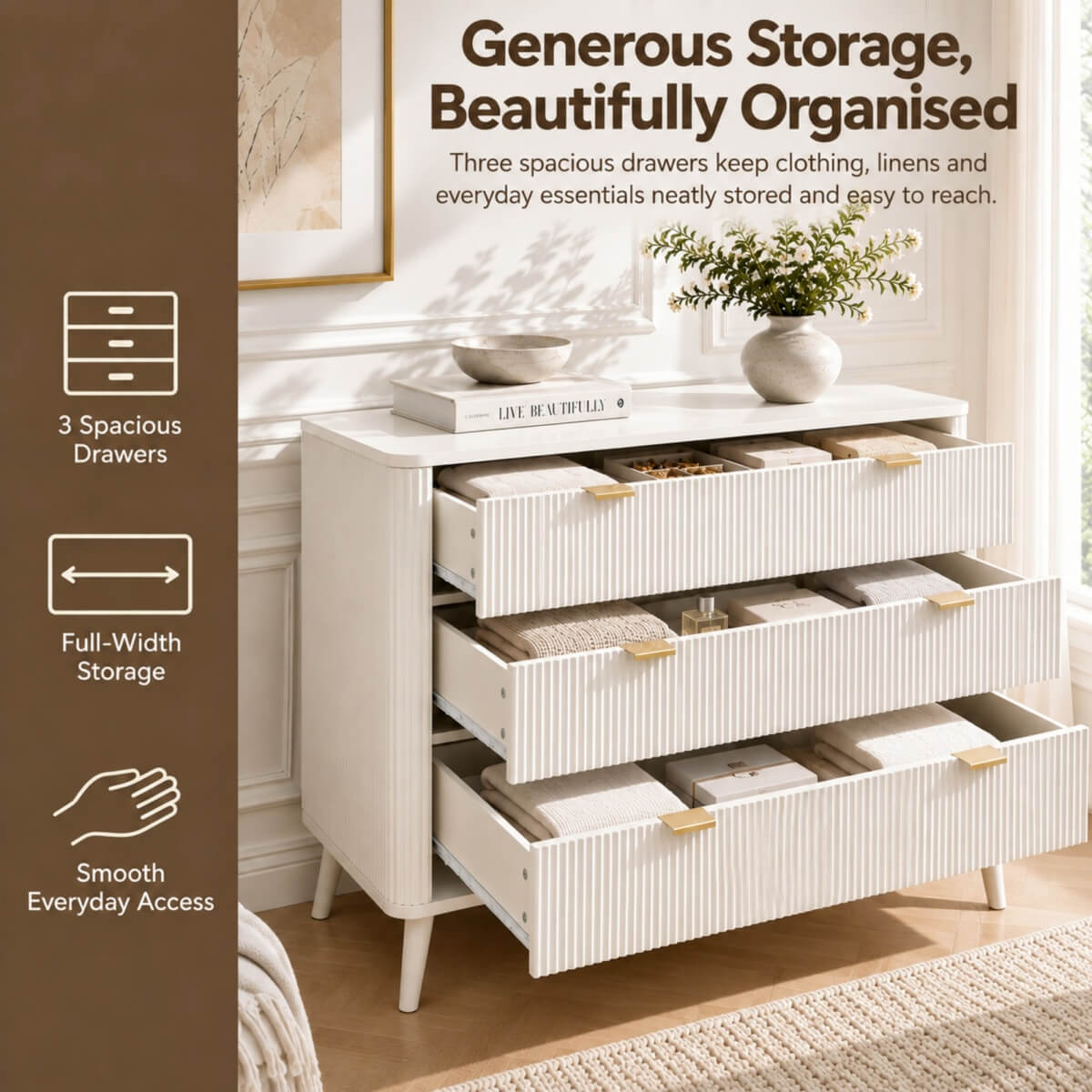 3-Drawer Chest of Drawers - Fluted Bedroom Storage Unit with Rounded Corners, Gold Handles and 4 Solid Wood Legs, Cream White