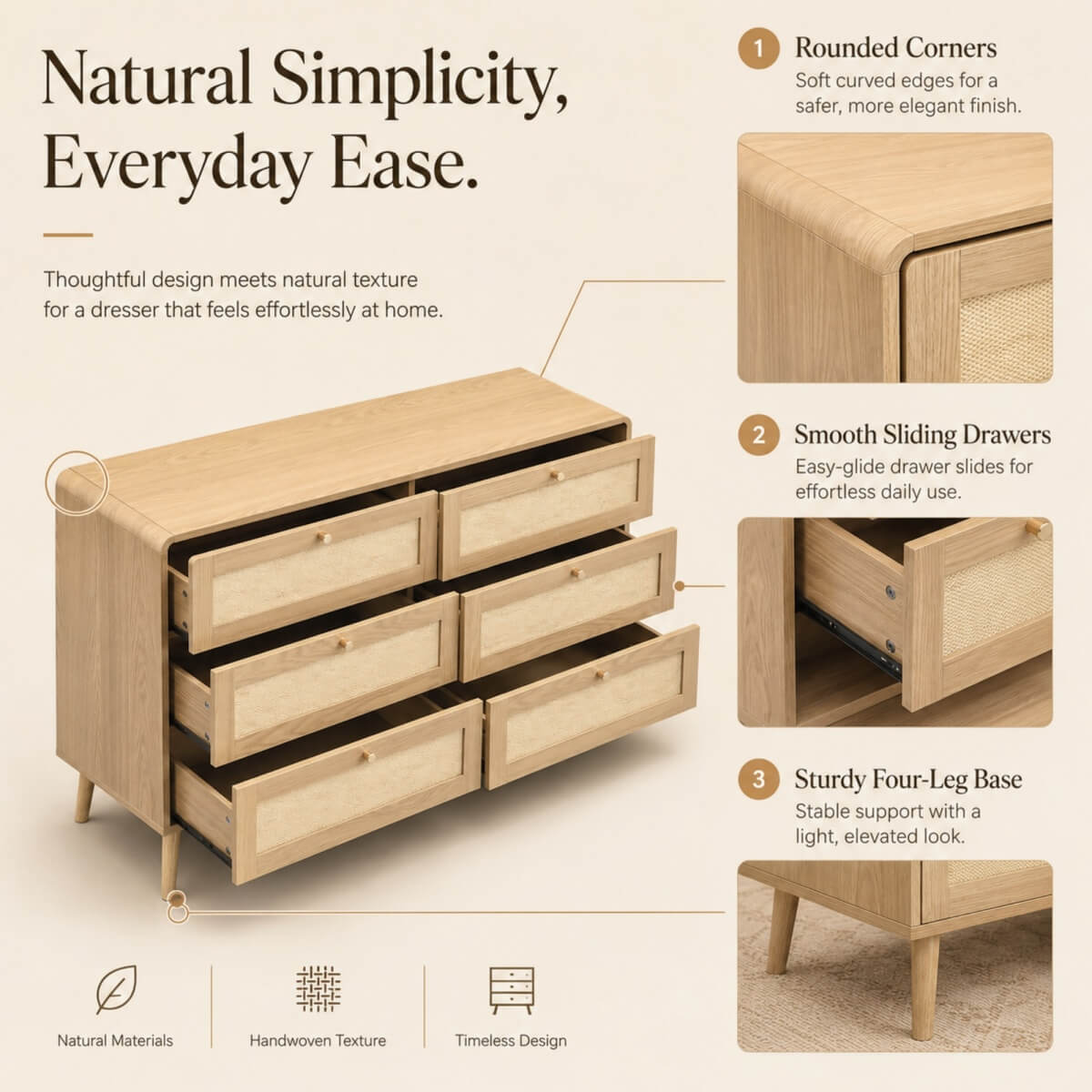 120cm 6 Drawer Chest of Drawers - Rattan Effect Bedroom Storage Dresser with Rounded Corners and Raised Legs, Natural Oak