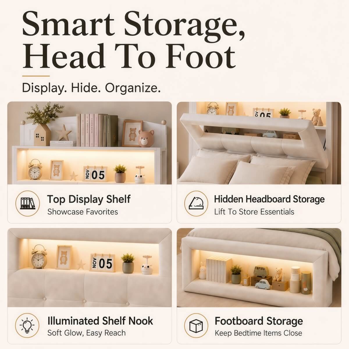 3ft Single Upholstered Storage Bed with LED Lights - Storage Headboard and Footboard, Velvet, Cream White