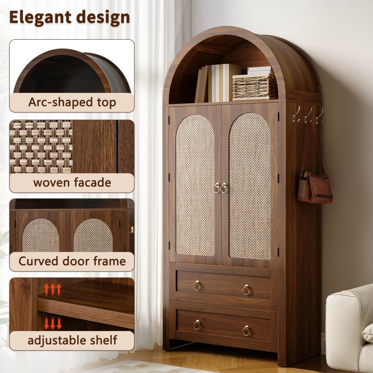 Rattan Effect Sideboard with 2 Drawers - Vintage Storage Cabinet with Arched Design for Living Room and Bedroom, Walnut