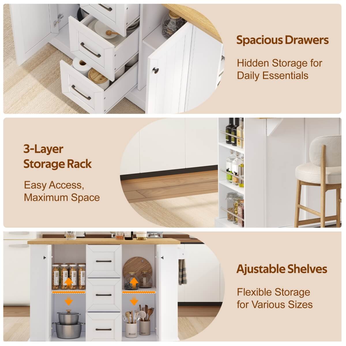 Kitchen Island Trolley with Foldable Worktop - Kitchen Cart on Wheels with Double-Sided 3-Tier Storage Shelves, 3 Drawers and Lockable Castors