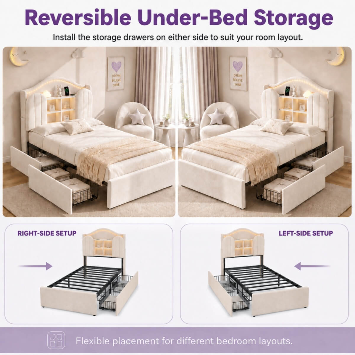 3ft Single Kids Upholstered Bed - House-Inspired LED Storage Headboard, Charging Station and 2 Reversible Drawers, Cream White